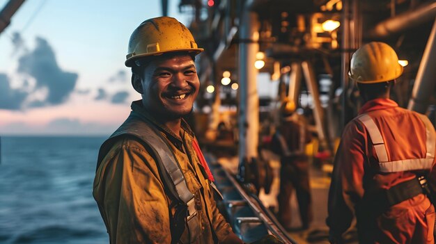 Asian industrial workers in the oil tube station at sea