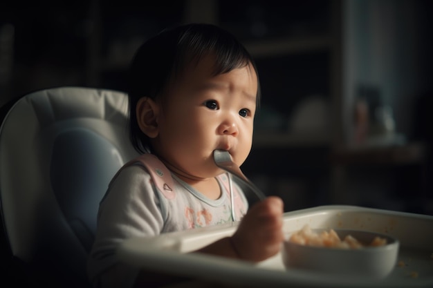 하이체어에 앉아 스스로 먹이를 열심히 먹는 동양인 유아