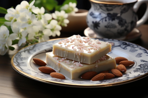 Asian inspired presentation of delectable sweet almond fudge on a white tin plate ramadan and eid wallpaper