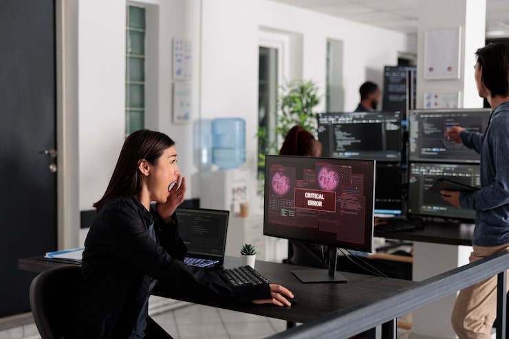 Photo asian it programmer reading critical errors on computer display in it big data agency, being hacked. working with artificial intelligence code and server database to stop program hacking.