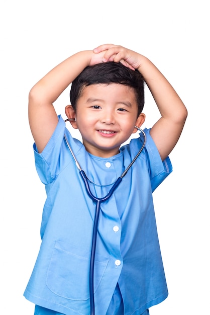 Asian kid in blue medical uniform holding stethoscope