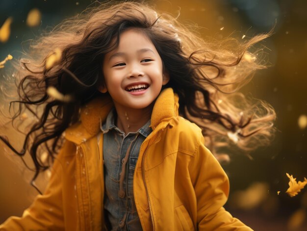 Asian kid in emotional dynamic pose on autumn background