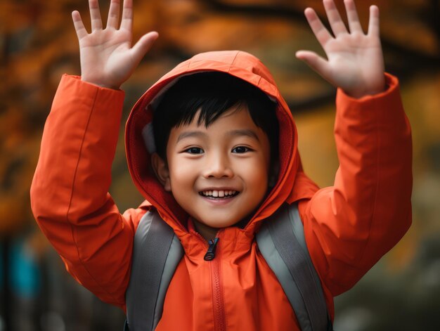 Asian kid in emotional dynamic pose on autumn background