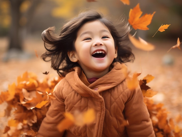 Asian kid in emotional dynamic pose on autumn background