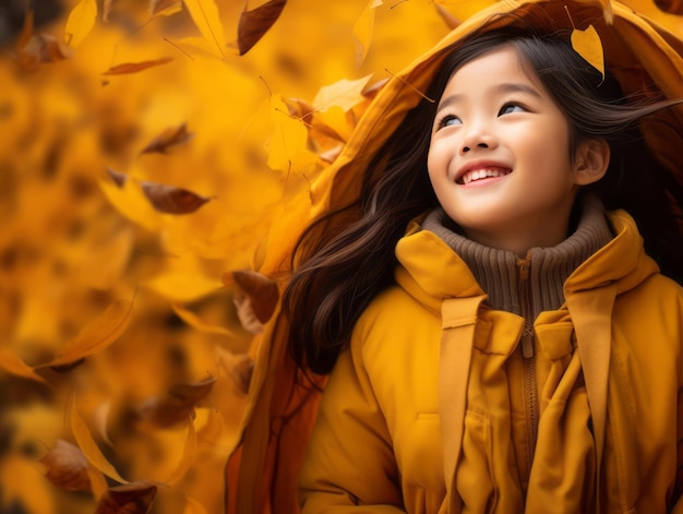 Asian kid in emotional dynamic pose on autumn background