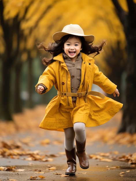 Asian kid in emotional dynamic pose on autumn background