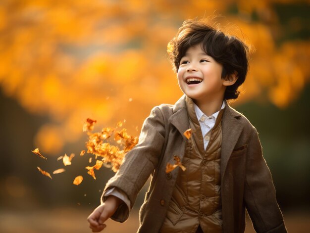 Asian kid in emotional dynamic pose on autumn background