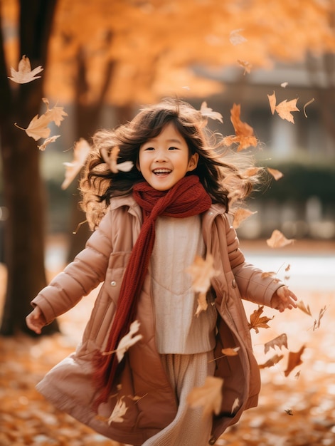 Asian kid in emotional dynamic pose on autumn background