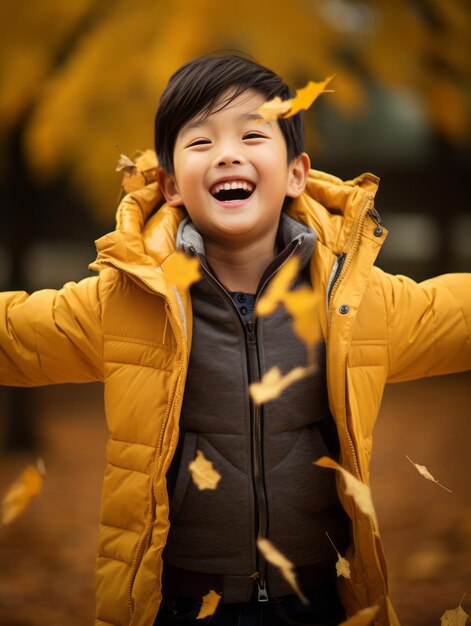 가을 배경에서 감정적으로 역동적인 포즈를 취하는 아시아 아이