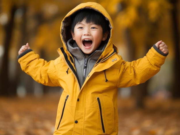 Asian kid in emotional dynamic pose on autumn background