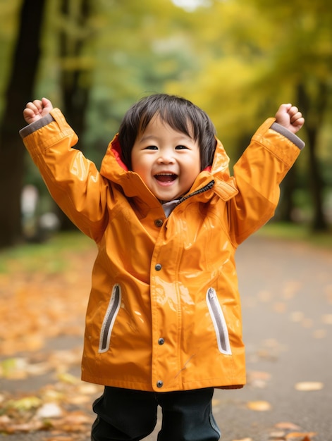 Asian kid in emotional dynamic pose on autumn background