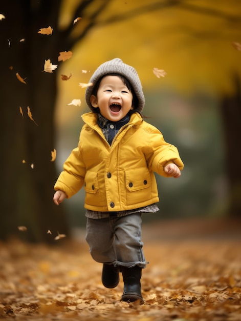Asian kid in emotional dynamic pose on autumn background