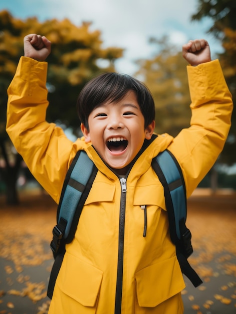 Asian kid in emotional dynamic pose on autumn background