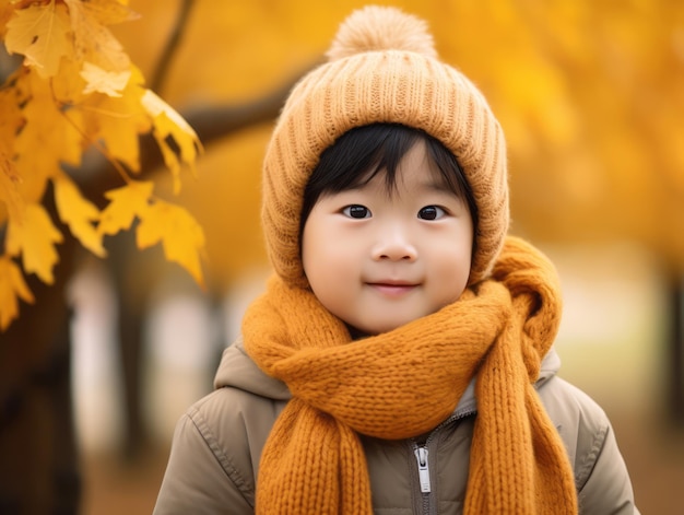 Asian kid in emotional dynamic pose on autumn background