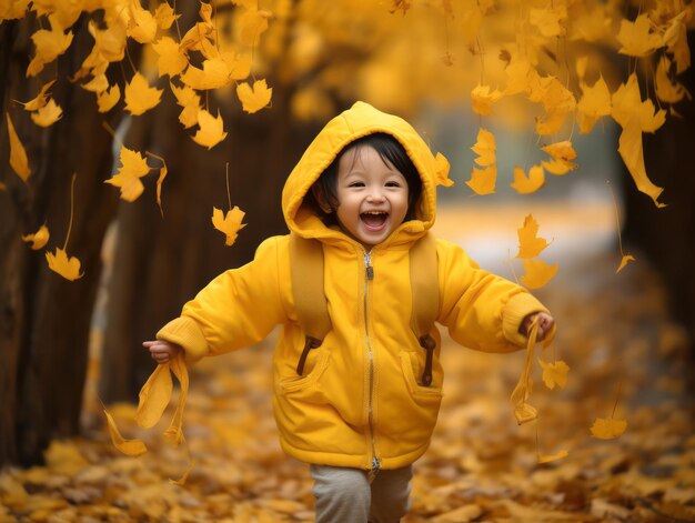 Asian kid in emotional dynamic pose on autumn background