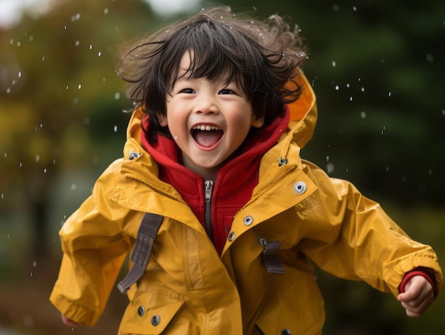 Asian kid in emotional dynamic pose on autumn background