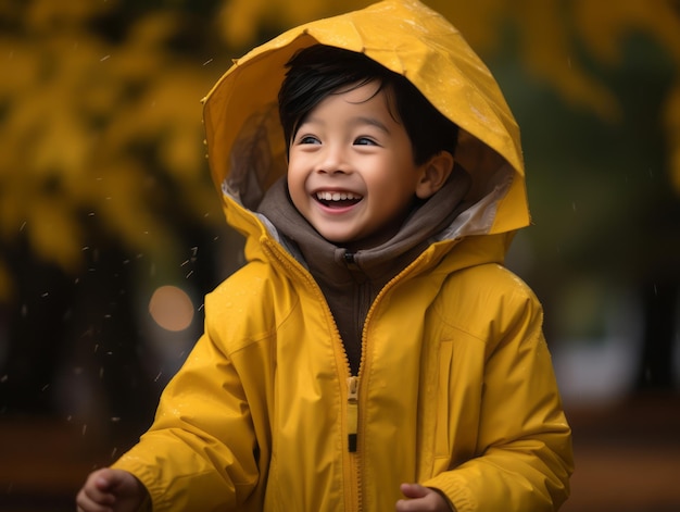 Asian kid in emotional dynamic pose on autumn background