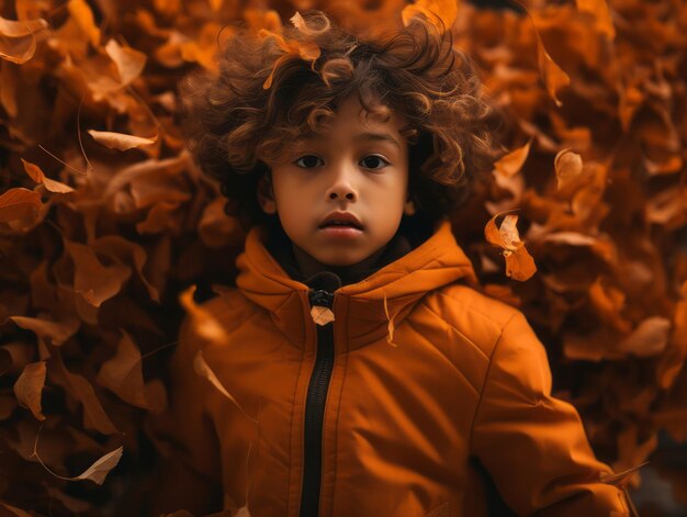 Asian kid in emotional dynamic pose on autumn background