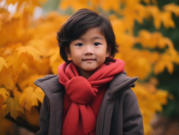 가을 배경 에 감정적 인 역동적 인 포즈 에 있는 아시아어 소년