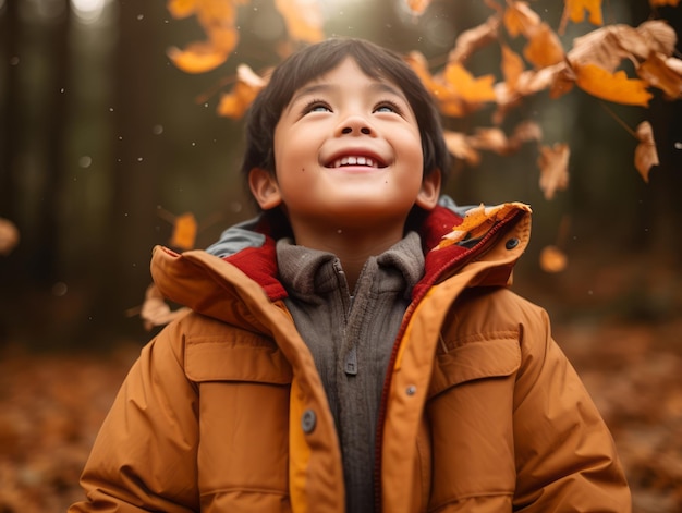 秋の背景で感情的なダイナミックなポーズをとるアジアの子供