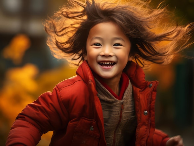 Asian kid in emotional dynamic pose on autumn background