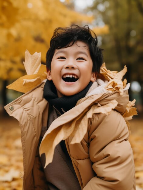 Asian kid in emotional dynamic pose on autumn background