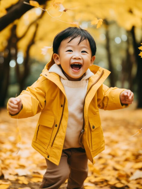 Asian kid in emotional dynamic pose on autumn background