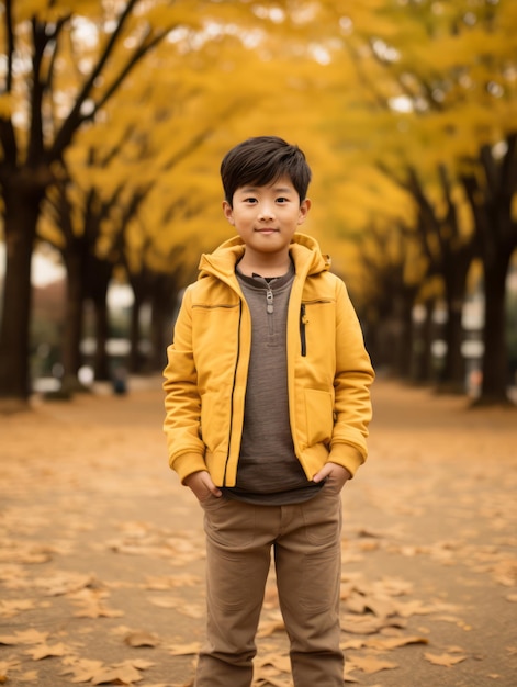 Asian kid in emotional dynamic pose on autumn background