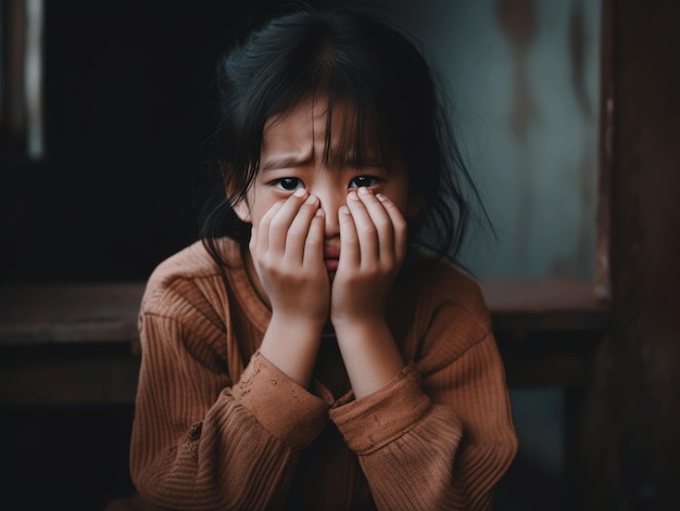 Asian kid in emotional dynamic pose in school