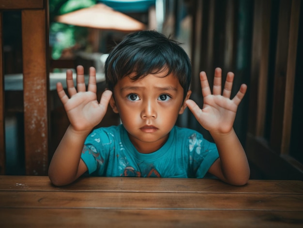 Азиатский ребенок в эмоциональной динамической позе в школе