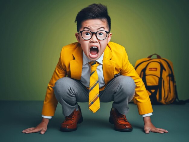 Asian kid in emotional dynamic pose in school