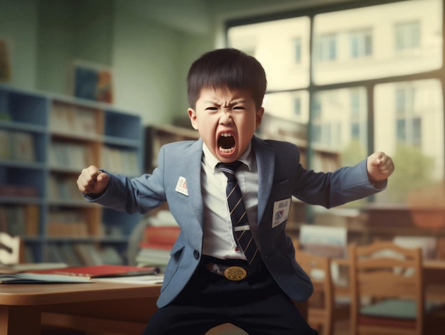 Asian kid in emotional dynamic pose in school