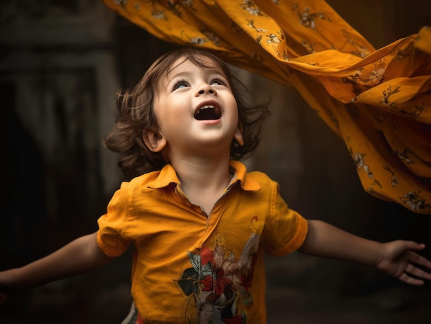 Asian kid in emotional dynamic pose in school