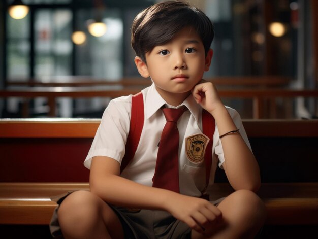 Asian kid in emotional dynamic pose in school