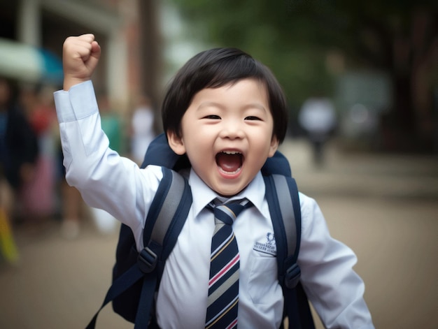 학교에서 감정적으로 역동적인 포즈를 취하는 아시아계 아이