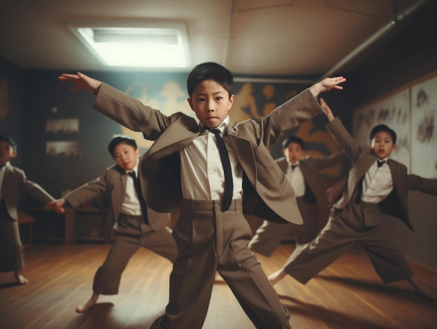 Asian kid in emotional dynamic pose in school