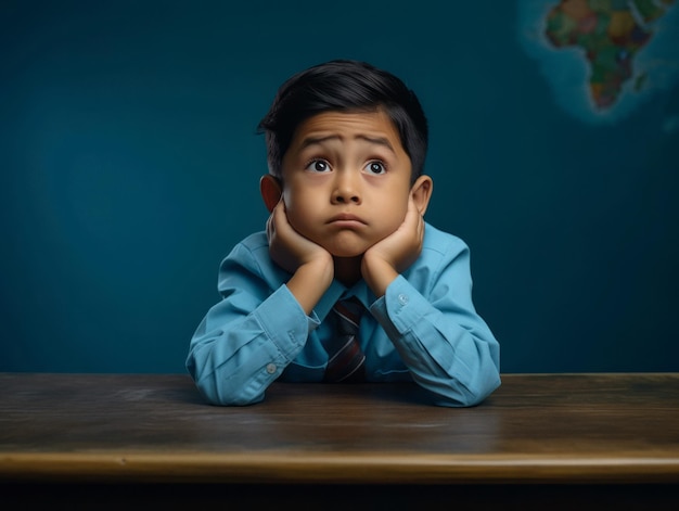 Asian kid in emotional dynamic pose in school