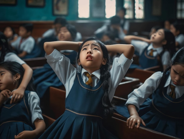 Asian kid in emotional dynamic pose in school