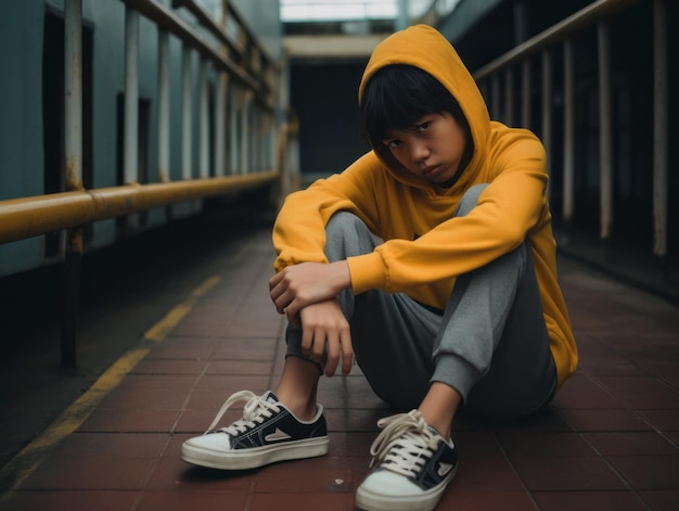 Asian kid in emotional dynamic pose in school