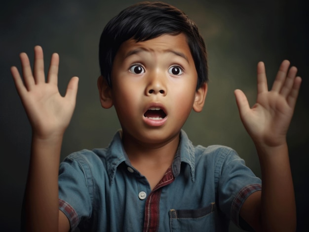 Asian kid in emotional dynamic pose in school