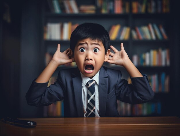 Asian kid in emotional dynamic pose in school