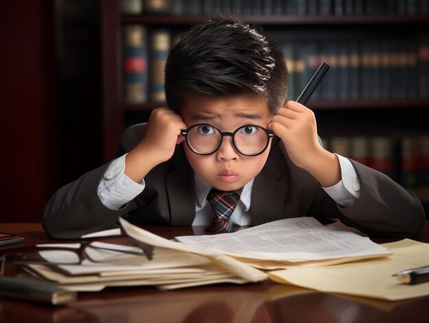 Asian kid in emotional dynamic pose in school