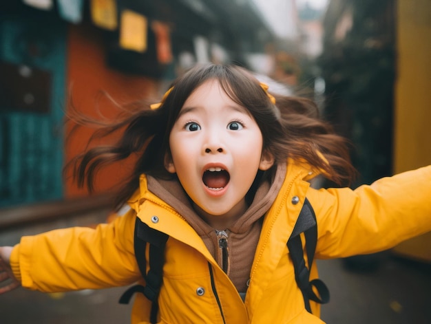 Asian kid in emotional dynamic pose in school