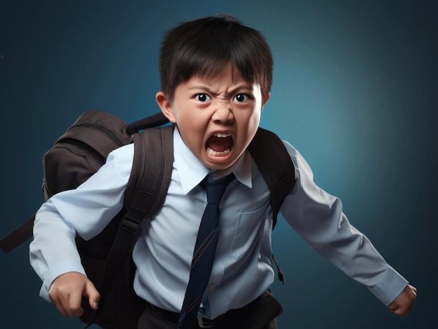 Asian kid in emotional dynamic pose in school