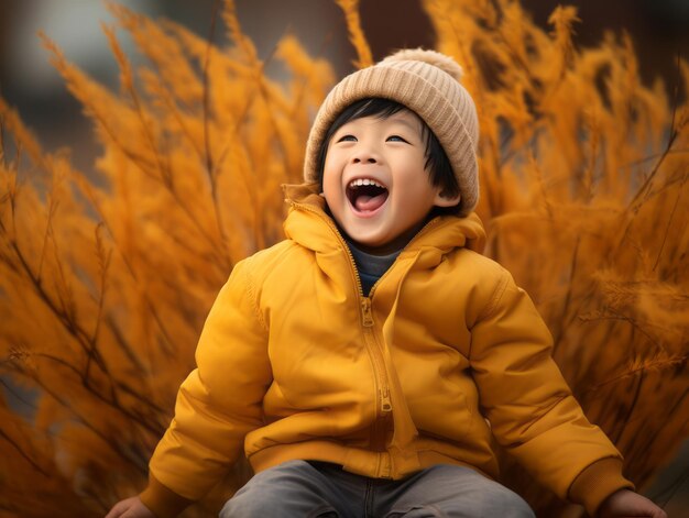 사진 가을 배경에서 감정적으로 역동적인 포즈를 취하는 아시아 아이