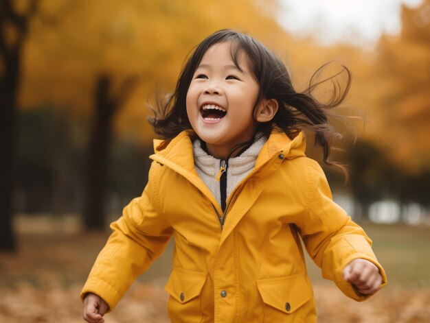 사진 가을 배경 에 감정적 인 역동적 인 포즈 에 있는 아시아어 소년