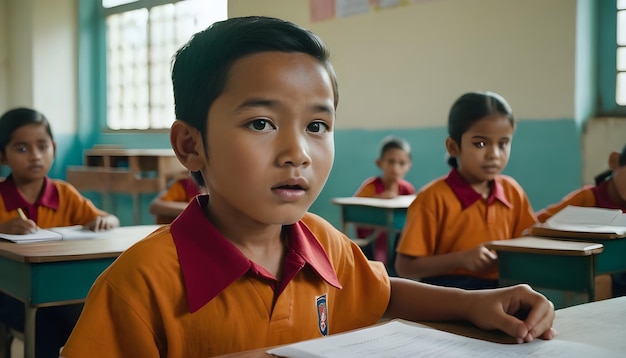 Foto ragazzo asiatico in classe a scuola