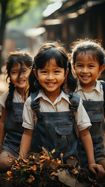 Asian kids on the way to school backpacks super happy bonding together candid image