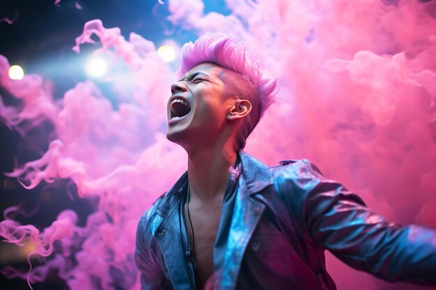 Asian Korean male singer sings on stage in pink smoke show