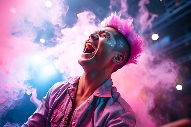 Asian korean male singer sings on stage in pink smoke show